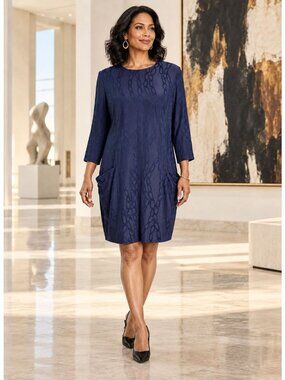 Joseph Ribkoff Dress Womens 12 Navy Chain Link Pockets 3/4 Sleeve Stretch Shift